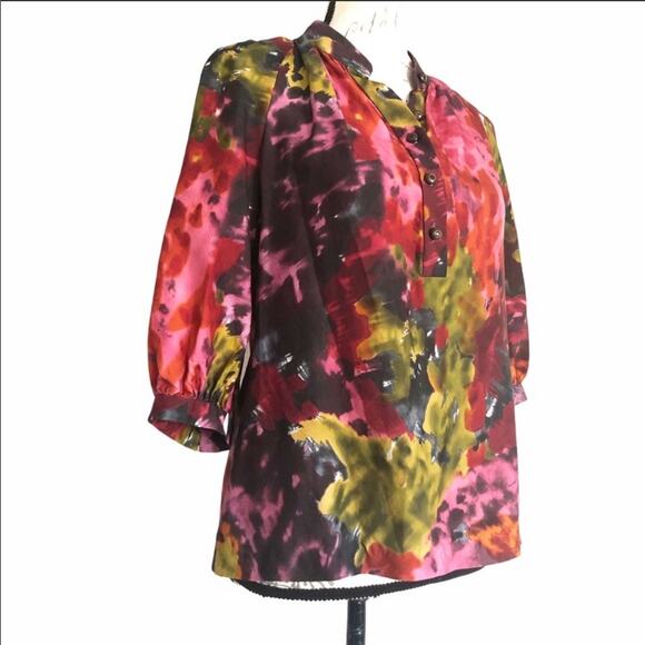 TRINA TURK Pink Green Silk Wool VNeck Floral Abstract Print 3/4 Blouse Top XS - Picture 2 of 8